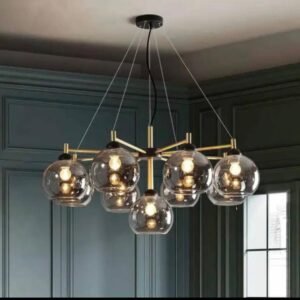 SUSPENSION LUMINAIRE EN VERRE DORE-LUSTRE MODERNE AVEC GLOBES AMBRES