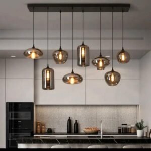 SUSPENSION LUMINAIRE EN VERRE SUPPORT DROIT-LUSTRE MODERNE AVEC GLOBES AMBRES