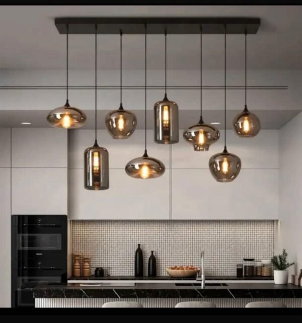 SUSPENSION LUMINAIRE EN VERRE SUPPORT DROIT-LUSTRE MODERNE AVEC GLOBES AMBRES