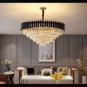 LUSTRE CRISTAL AREN MODERNE NOIR ET DORE 60CM-SUSPENSION CIRCULAIRE ELEGANTE