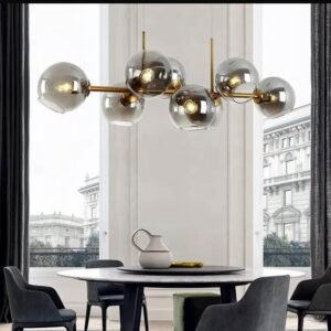 SUSPENSION LUMINAIRE MODERNE AVEC GLOBES EN VERRE GRIS FUME DORE