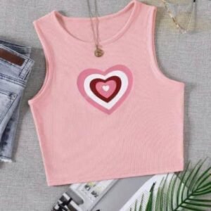 Débardeur rose fille – Motif cœur blanc & rouge – Look mignon et confortable