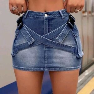 Mini-jupe en jean pour femme – Bretelles croisées, style tendance