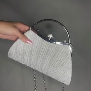Sac de Soirée Argenté Scintillant - Pochette Plissée avec Poignée Bracelet et Chaîne