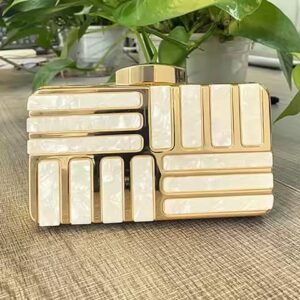 Sac de Soirée Rigide Or & Blanc | Pochette de Luxe à Motifs Marbrés pour Femme