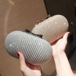 Sac de Soirée Ovale à Strass avec Nœud Papillon - Pochette de Cérémonie Dorée & Argentée