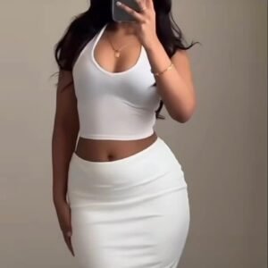 Ensemble Deux Pièces - Crop Top Halter & Jupe Longue Moulante Blanche