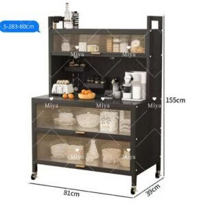 Buffet de cuisine moderne Miya avec armoires vitrées et roulettes