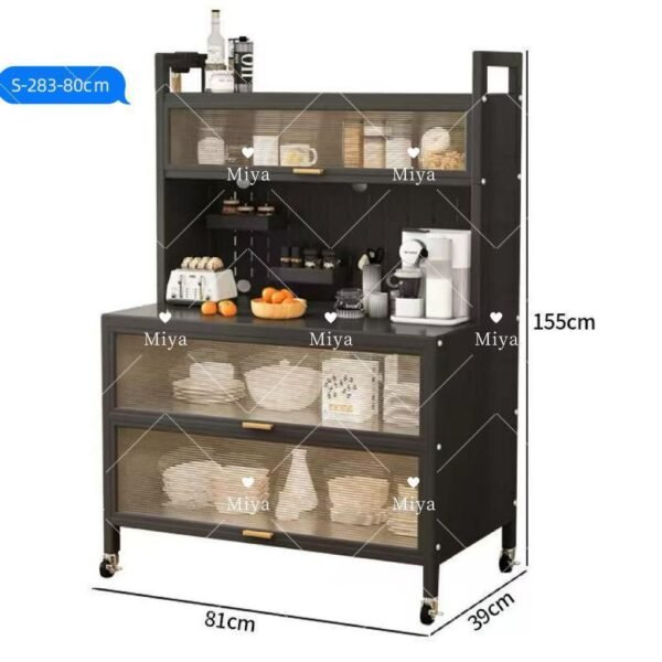 Buffet de cuisine moderne Miya avec armoires vitrées et roulettes