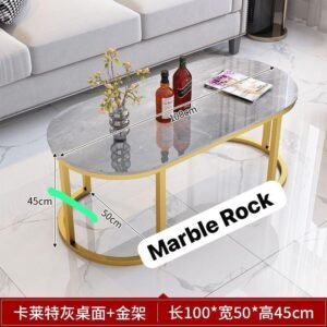 Table Basse Ovale Design Moderne - Plateau Effet Marbre Gris et Piètement Métal Doré