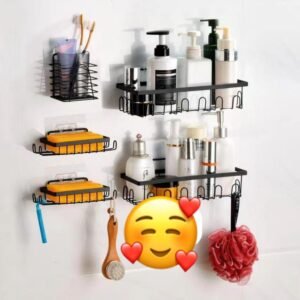 Rangement de Douche Mural en Métal Noir - Étagères et Porte-savon