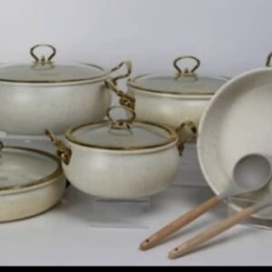 Ensemble de Batteries de Cuisine Céramique Antiadhésive 5 Pièces – Design Beige Speckle et Poignées Dorées