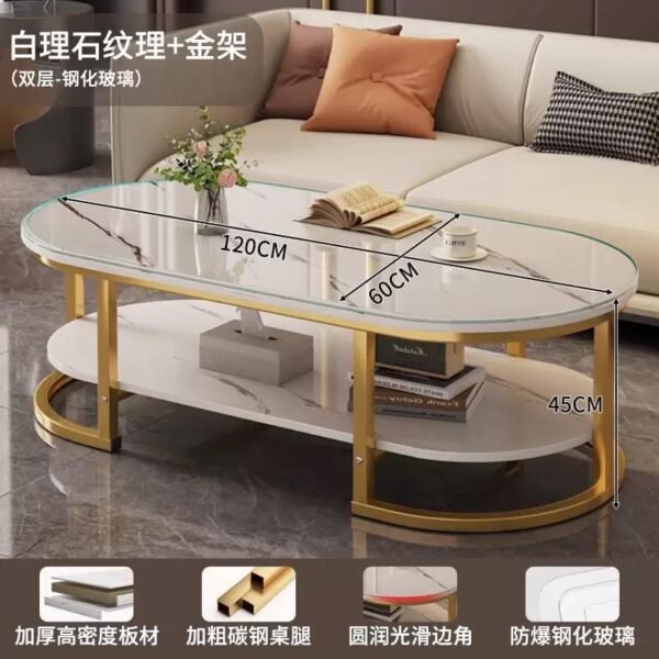 Table Basse de Salon Ovale en Verre Trempé et Marbre avec Cadre Doré – Image 2