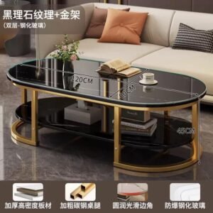 Table Basse de Salon Ovale en Verre Trempé et Marbre avec Cadre Doré