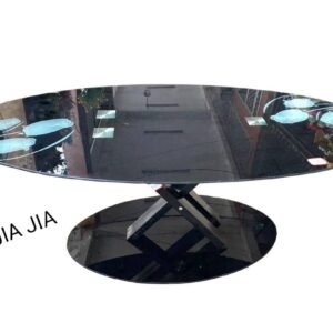 Table Basse Ovale en Verre Trempé Noir - Table de Salon avec Motif de Feuilles - Base Moderne