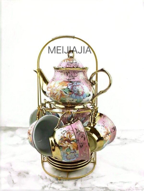 Service à Thé Complet de 6 Tasses en Céramique avec Motif Floral et Support en Métal Doré – Image 2