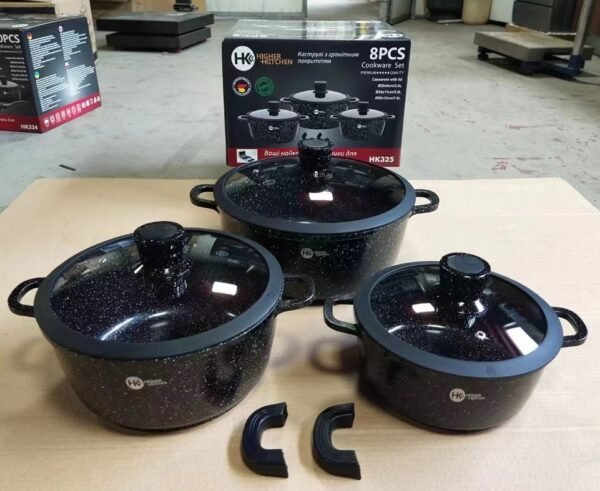 Batterie de cuisine ronde 8 pièces HK Higher Kitchen, effet granit antiadhésif