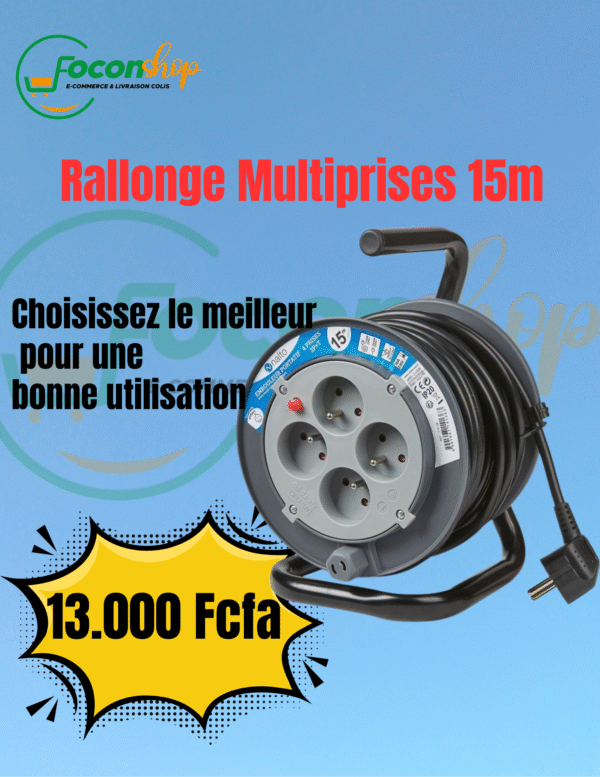 Rallonge électrique 15M enroulable – 4 prises de sécurité avec disjoncteur