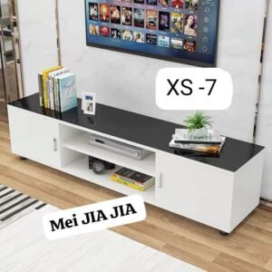 Meuble TV Moderne Bicolore Laqué | Plateau Noir, Rangement Fermé et Ouvert 'Mei Jia Jia' XS-7