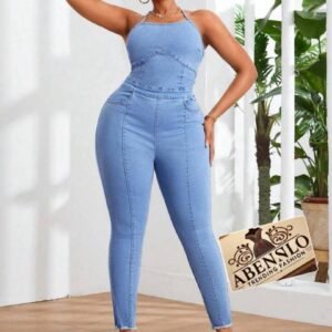 Combinaison Pantalon Jean Taille Haute Sans Manches | Tissu Denim Stretch, Jambes Slim 'Abenslo'