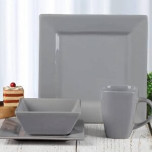 Service de Table 16 Pièces Porcelaine Pure Carrée | 4 Plats 4 Bols 4 Tasses 4 Entremets | Design Minimaliste Noir/Gris